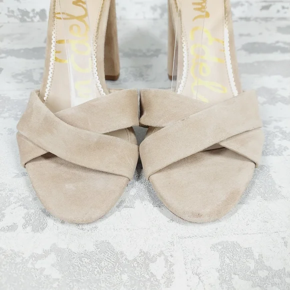 New Sam Edelman Yancy Beige Faux Suede Ankle Strap Heeled Sandals X255 - Picture 8 of 12